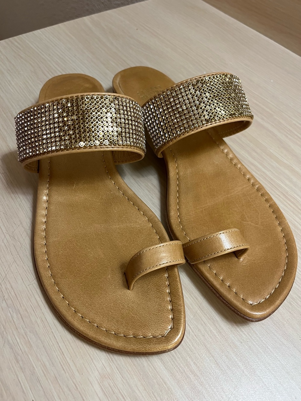 Stuart Weitzman Bling Gold Crystal Leather Toe Loop Sandals 7.5